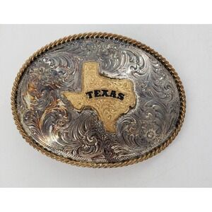Vintage Texas Belt Buckle Silver Plate & Jewler's Bronze Oval